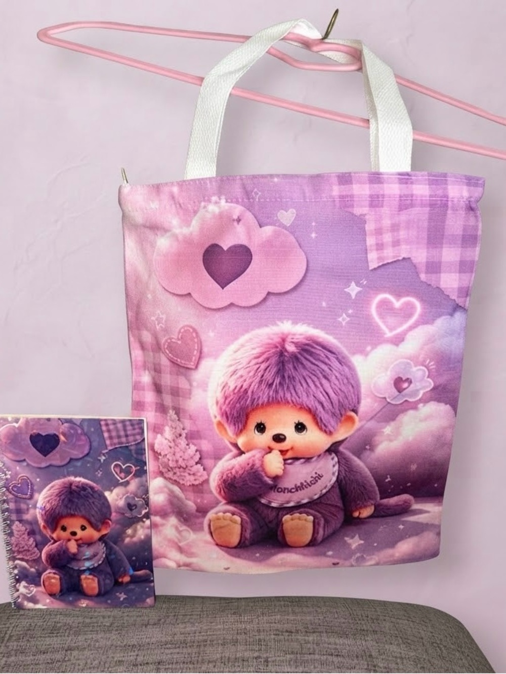 Kids Pink Plush Character Tote Bag & Notebook